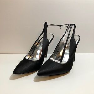 NWT black satin pointy toe slingback stiletto pump